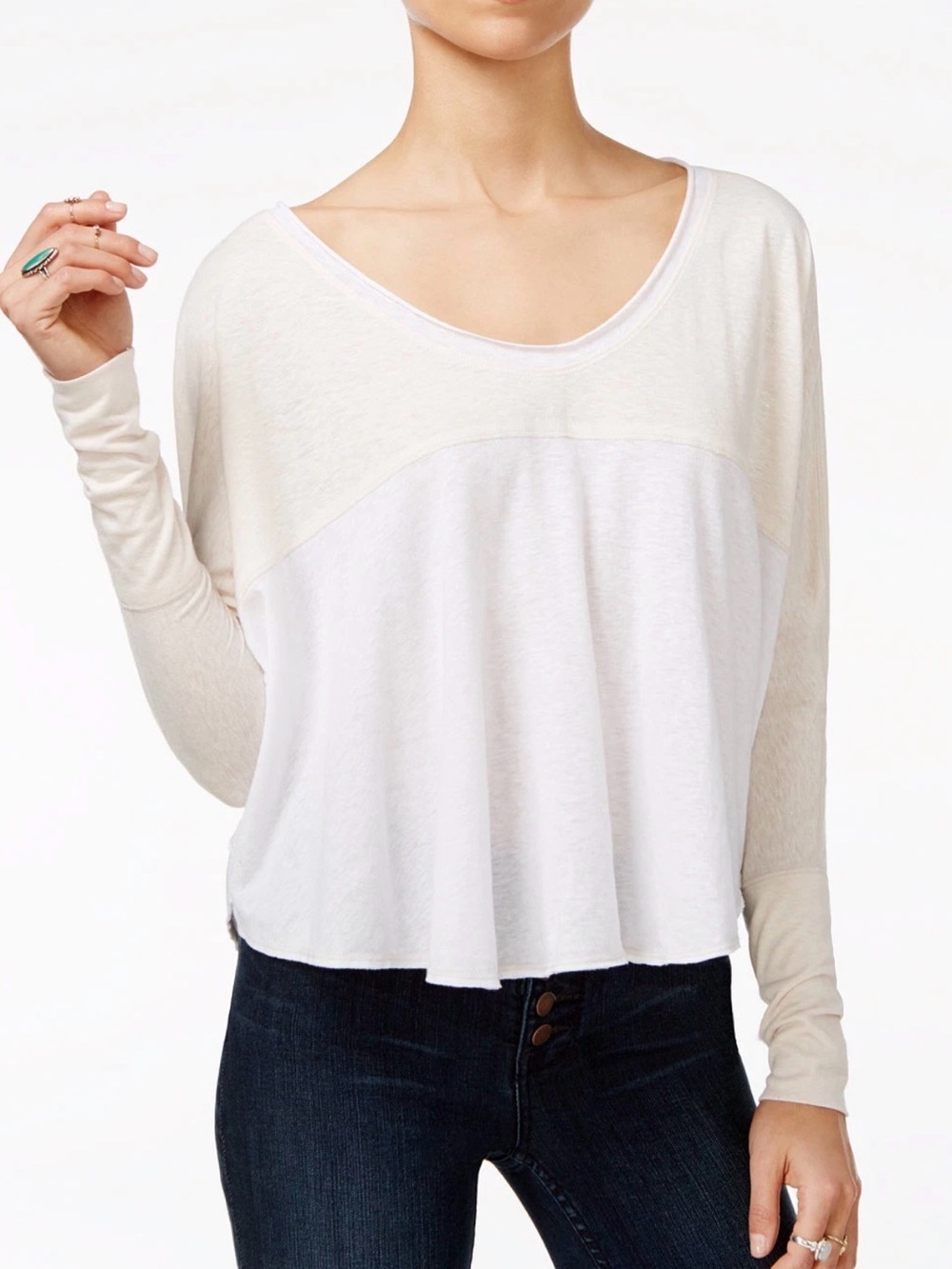 We The Free Two-Tone Scoop Neck Long Sleeve Top - Ivory/White